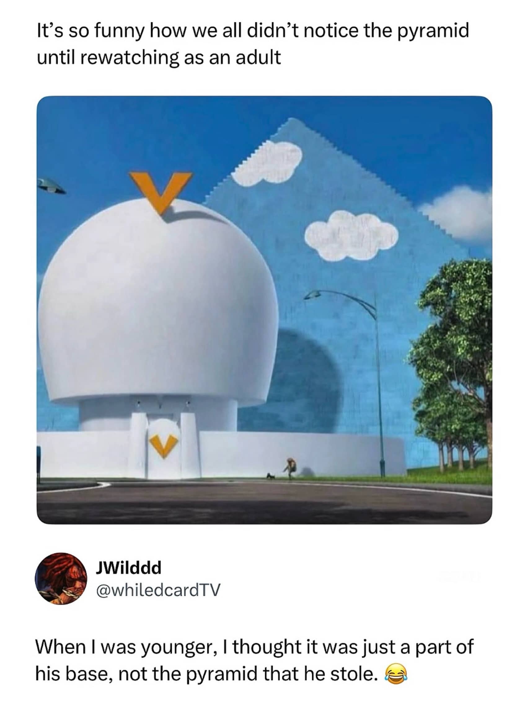 Despicable Me meme highlighting Vector’s secret stolen pyramid disguised as a painted backyard sky backdrop.