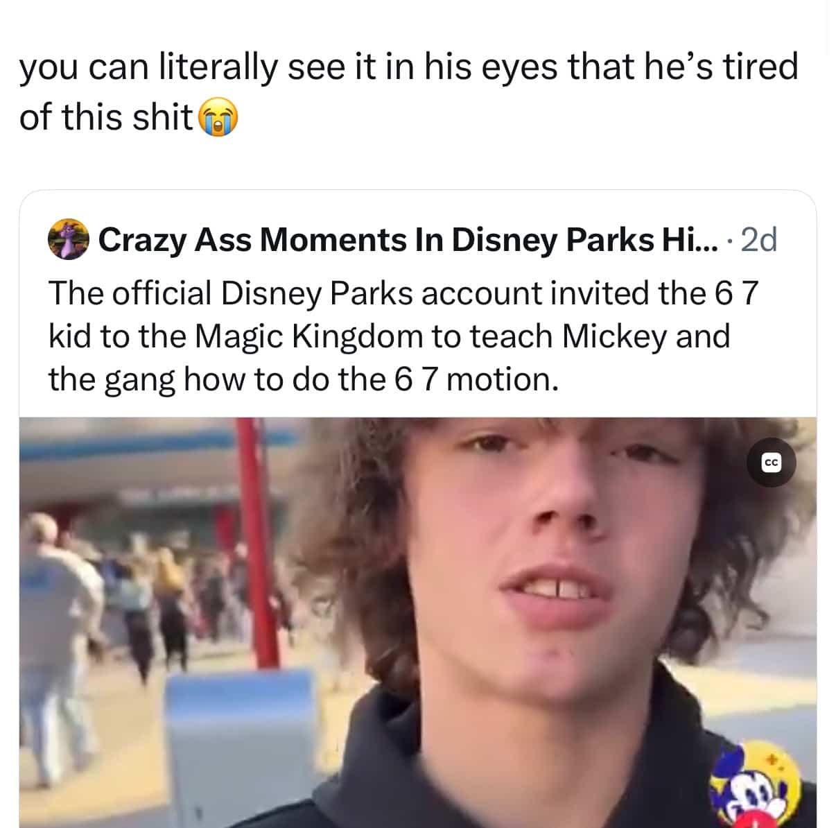 Funny meme about a tired teenager invited to Magic Kingdom to teach Mickey Mouse a dance.