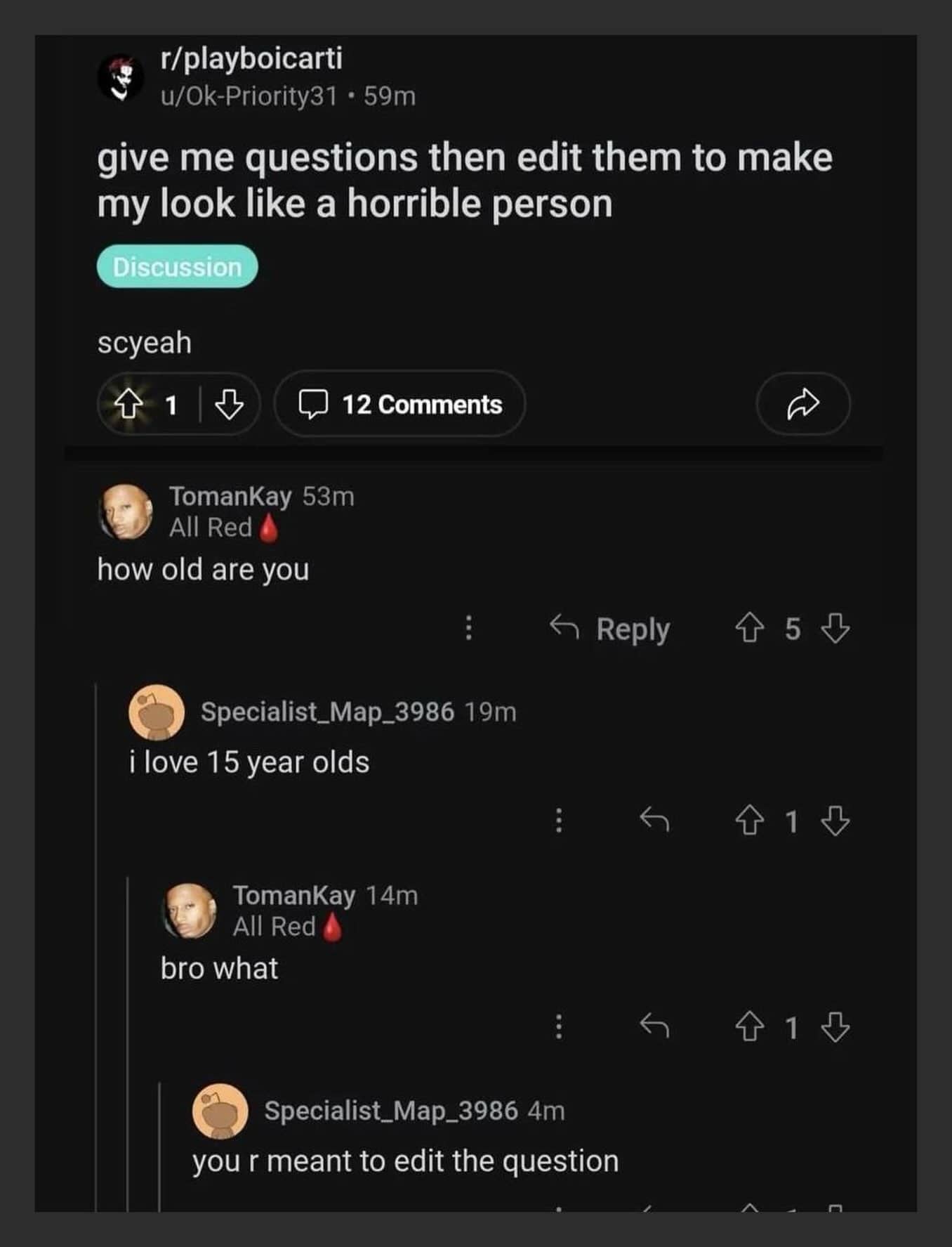 Reddit comment section meme where a user fails to edit a highly questionable setup question.