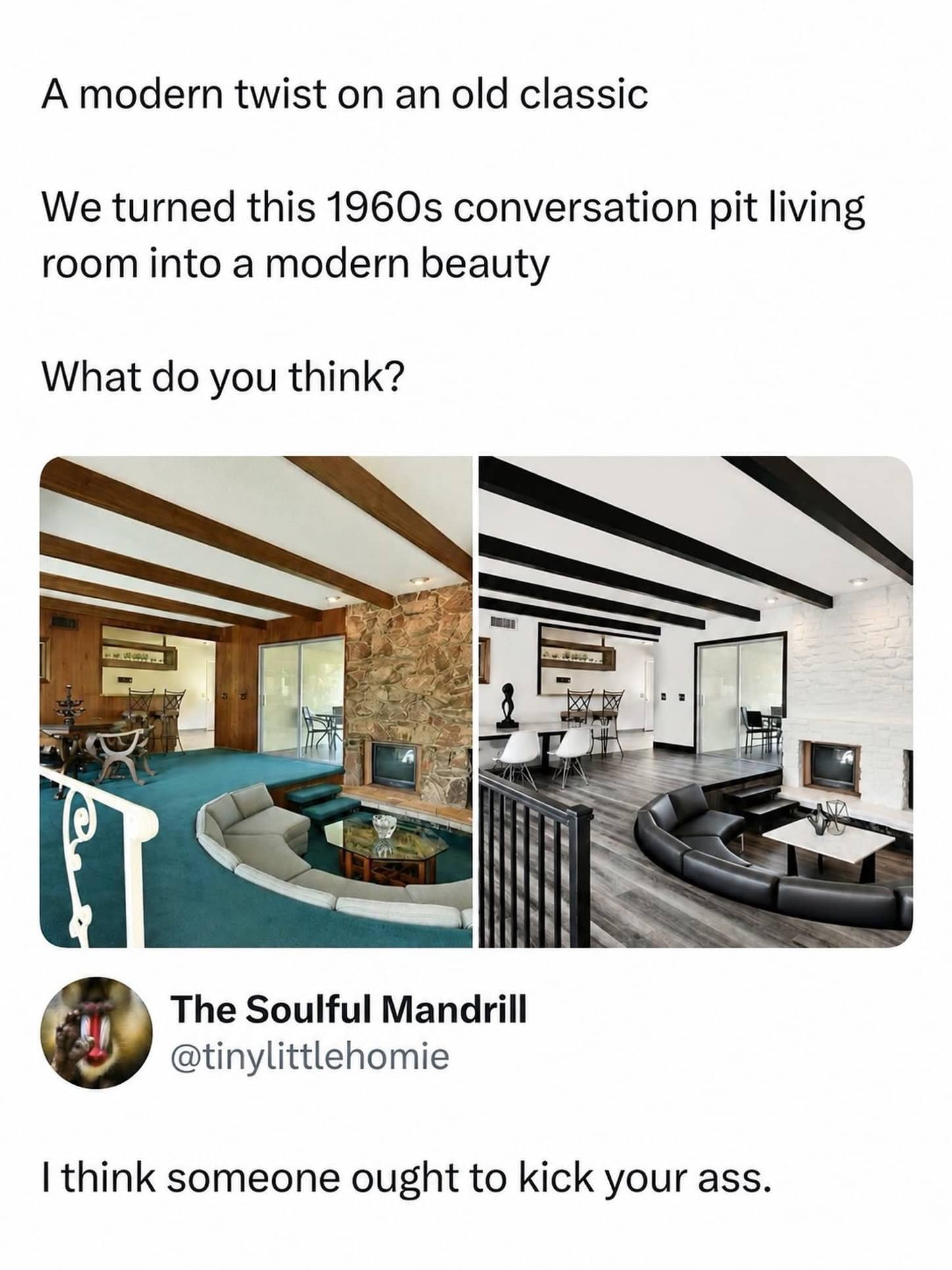 Before and after home renovation meme comparing a retro conversation pit to modern monochrome design.