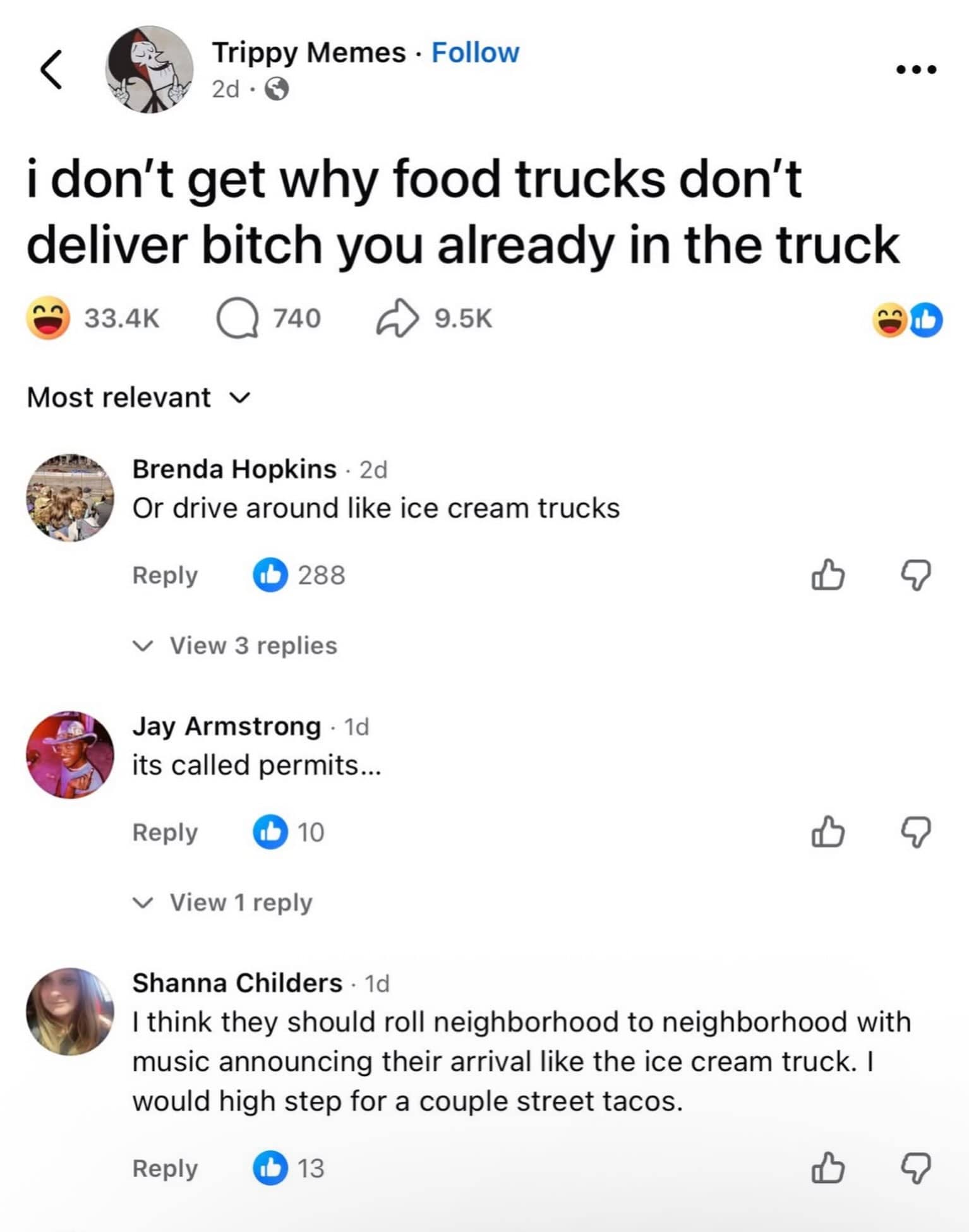 Food truck delivery meme illustrating a hilarious Facebook thread about trucks playing music like ice cream vans.