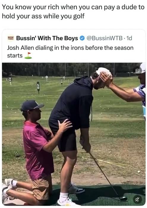 Sports meme highlighting a golf coach holding a player's hips to stabilize his swing posture.
