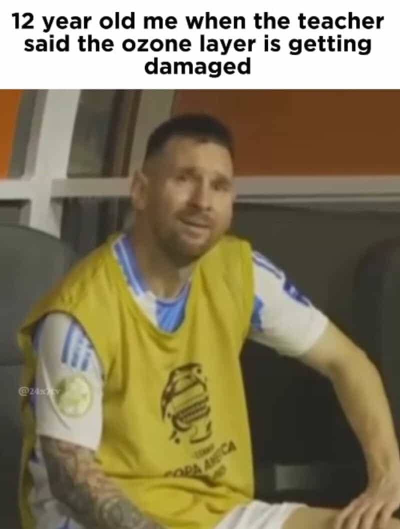 Lionel Messi looking confused in a Copa America training bib, illustrating a childhood ozone layer realization