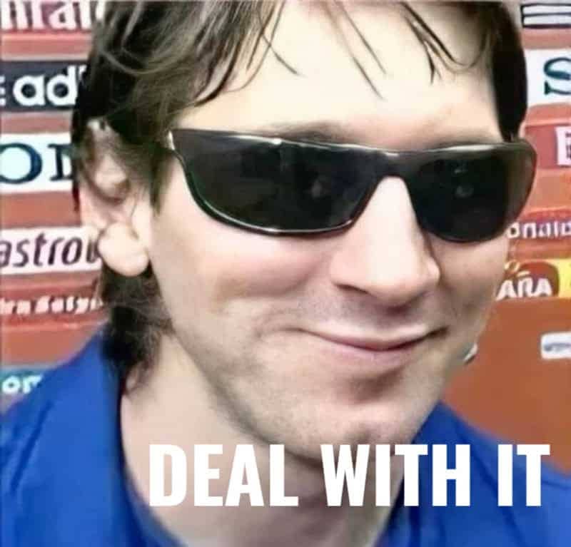A young, smiling Lionel Messi wearing sporty black sunglasses with a white "DEAL WITH IT" text overlay.