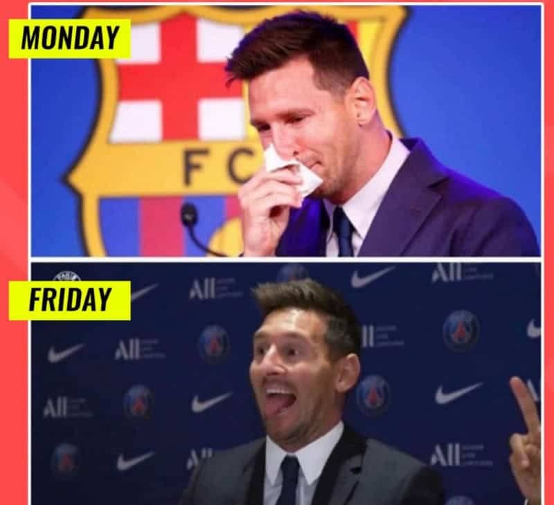 Two-panel meme contrasting a crying Messi on Monday with a wildly celebrating Messi on Friday.