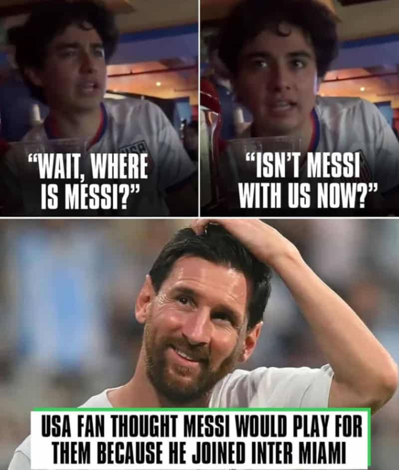 Meme of a confused USA fan wondering where Messi is, thinking he plays for Team USA.