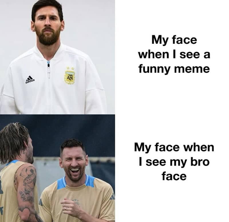 Two-panel meme contrasting Messi's serious face at memes with his laughing face seeing his friend.