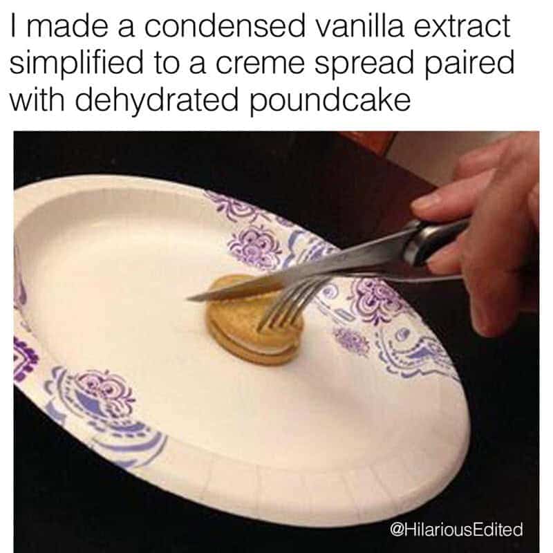 Cutting a vanilla sandwich cookie with utensils on paper plate for fancy dessert food meme.