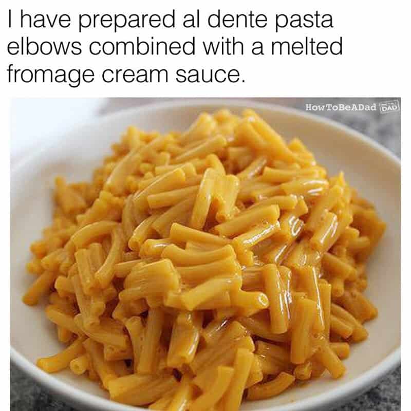 Bowl of mac and cheese presented as fancy al dente pasta in Michelin star food meme.