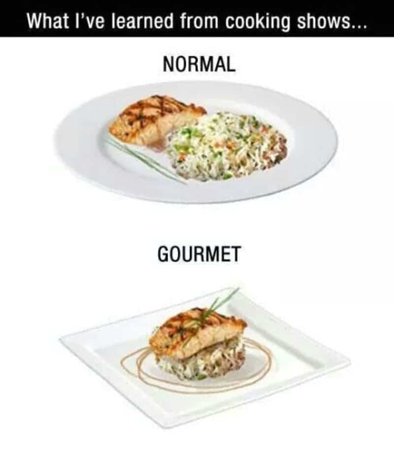 Diagram showing normal meal plating versus gourmet stacked salmon and rice presentation style food meme.