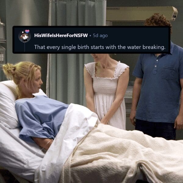 Scene from Knocked Up with a Reddit comment about movie lies regarding childbirth.