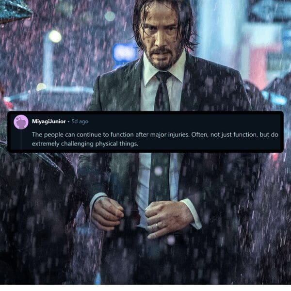 John Wick standing in rain overlaying Reddit text about movie lies regarding physical injuries.