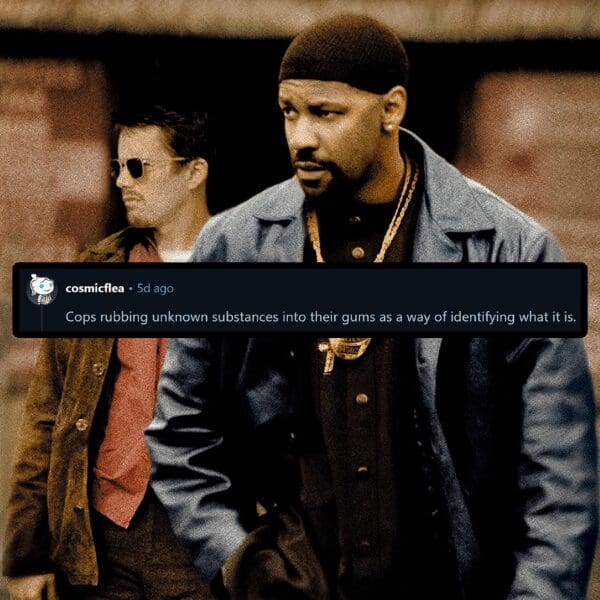 Training Day film screenshot with a Reddit comment mocking movie lies about police officers.