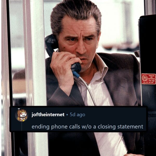 Robert De Niro payphone scene with Reddit text highlighting movie lies about telephone calls.