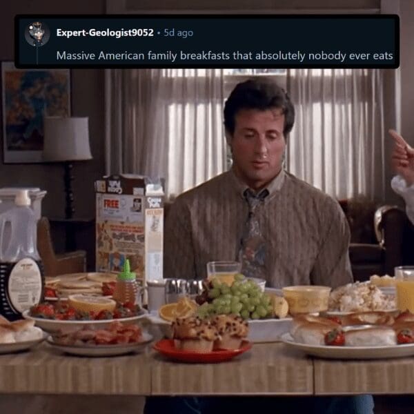 Sylvester Stallone breakfast table meme pointing out movie lies about untouched morning feasts.