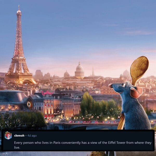 Ratatouille Paris view meme showing Reddit commentary on fake Hollywood movie scenery tropes.