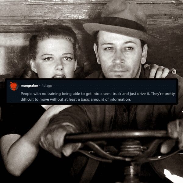 Black and white film truck driving scene with Reddit text calling out vehicle tropes.