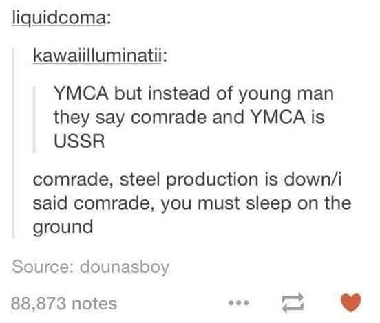 A text post reimagining the lyrics of YMCA as a Soviet anthem titled USSR