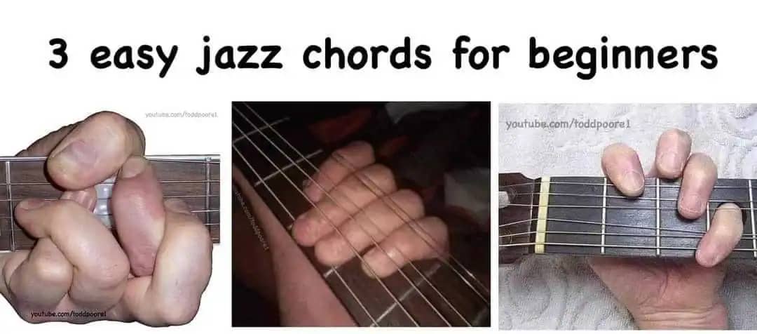 Three panels showing human fingers tangled in impossibly contorted positions across a guitar fretboard.