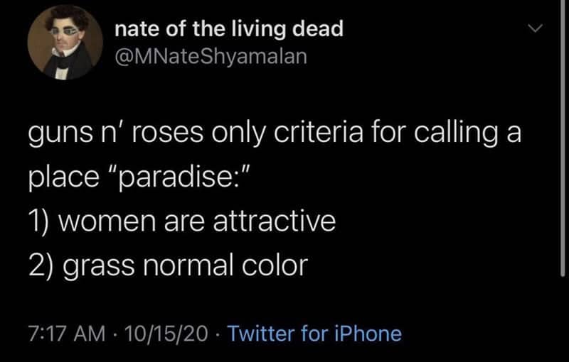 A tweet breaking down the incredibly basic criteria Guns N' Roses uses to identify a paradise city.