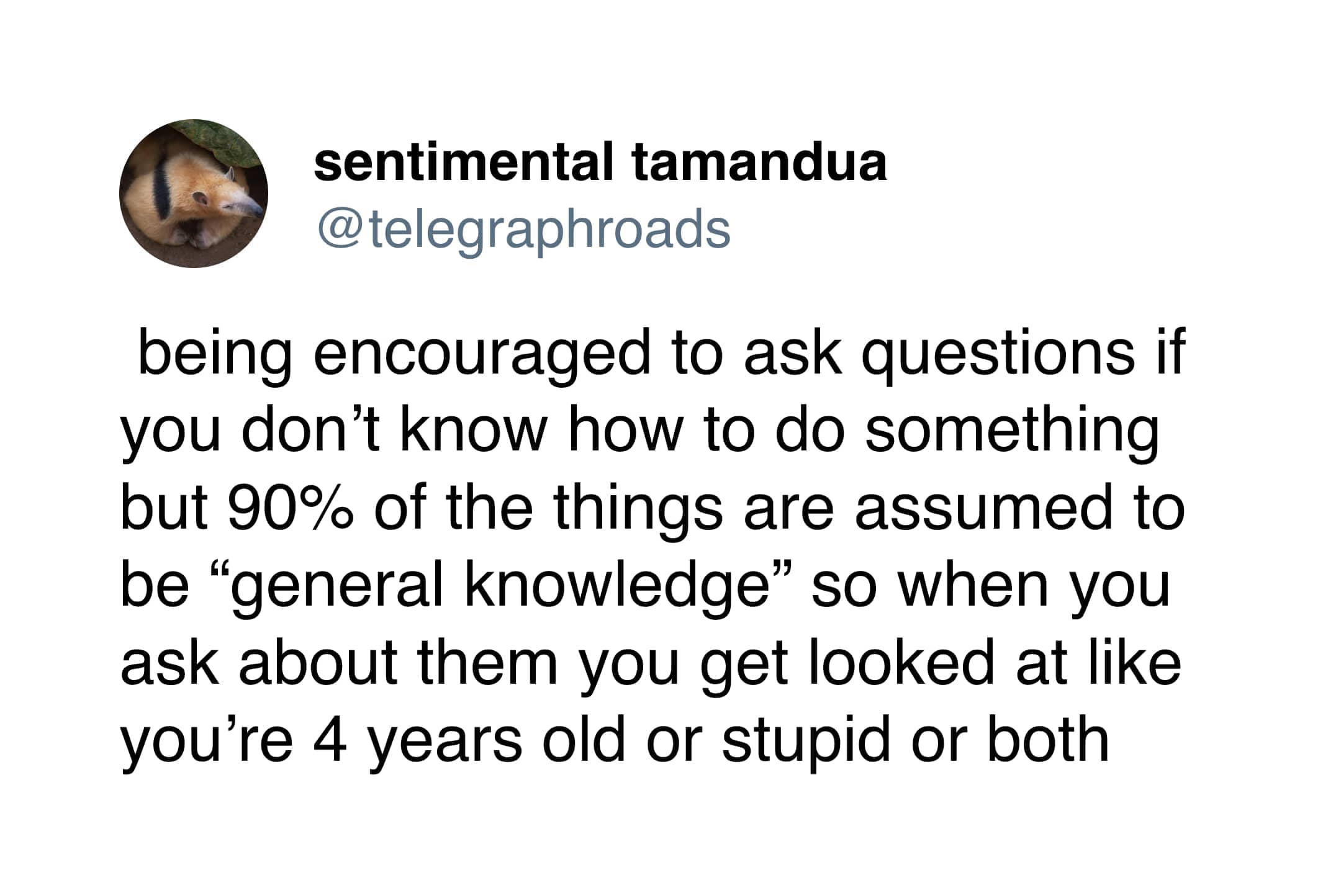 A tweet discussing the frustration of asking questions about supposedly general knowledge things.