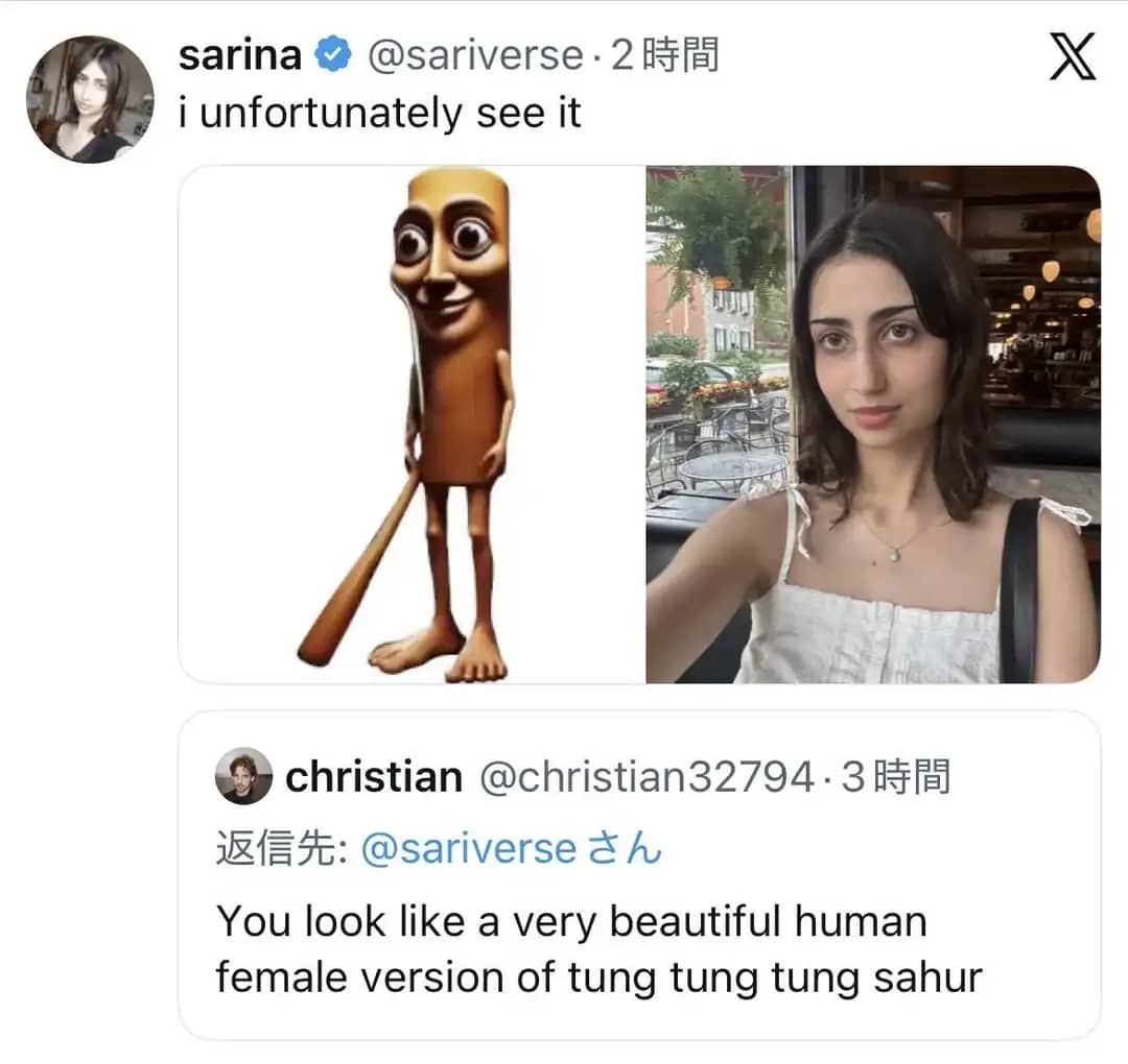 A side-by-side comparison of an animated brown stick character and a woman, with a reply comparing her to a human version of it.