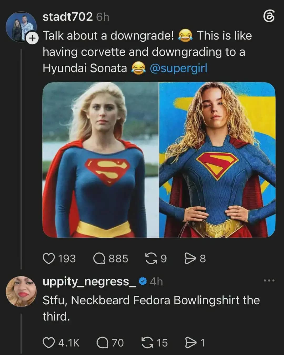 A social media post comparing two Supergirl actresses with a highly specific, devastating insult response below it.