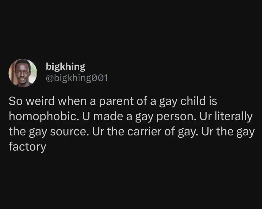 A text post by bigkhing001 joking about homophobic parents being the "gay source" and "gay factory."