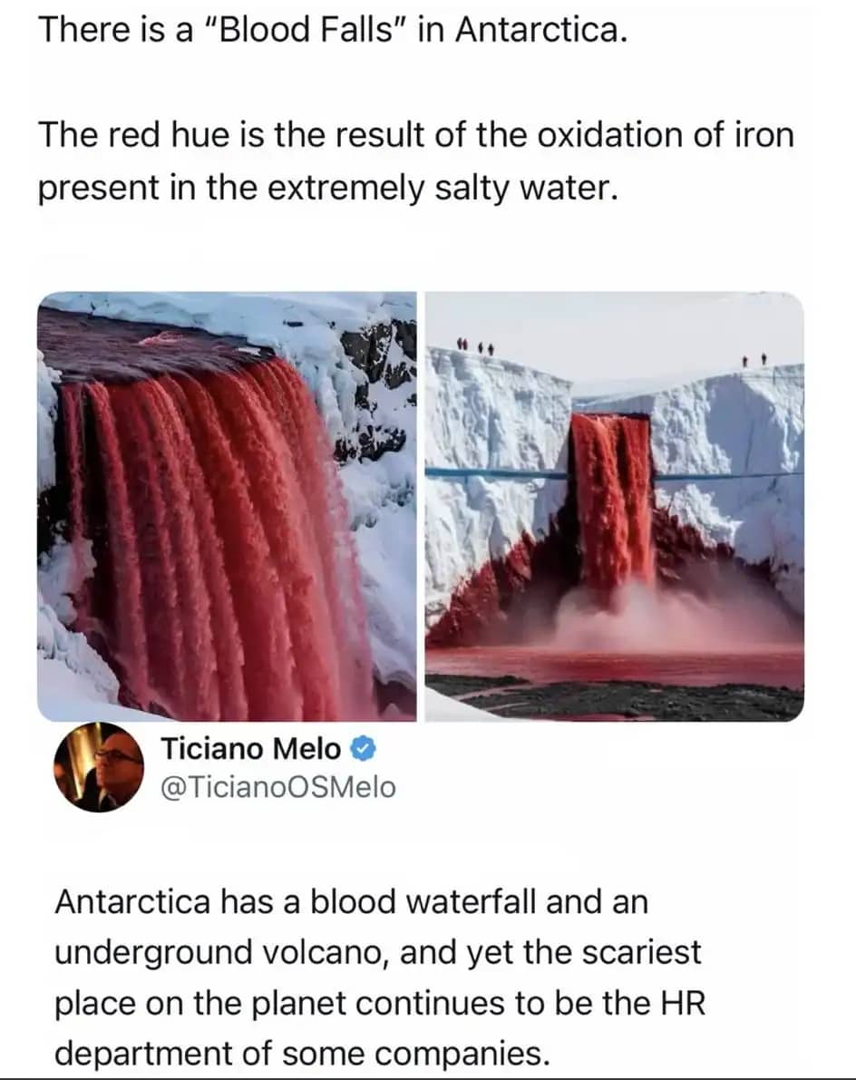 A post showing the red "Blood Falls" of Antarctica contrasted with a joke about corporate HR departments