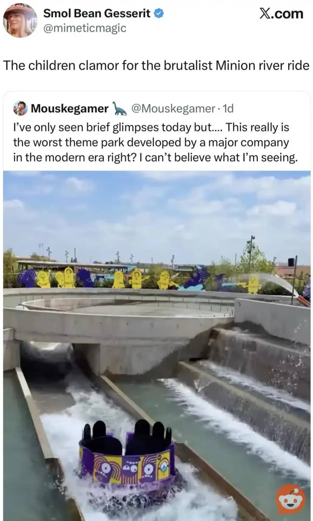 A screenshot of a concrete, brutalist theme park water ride with flat Minion silhouettes decoration.