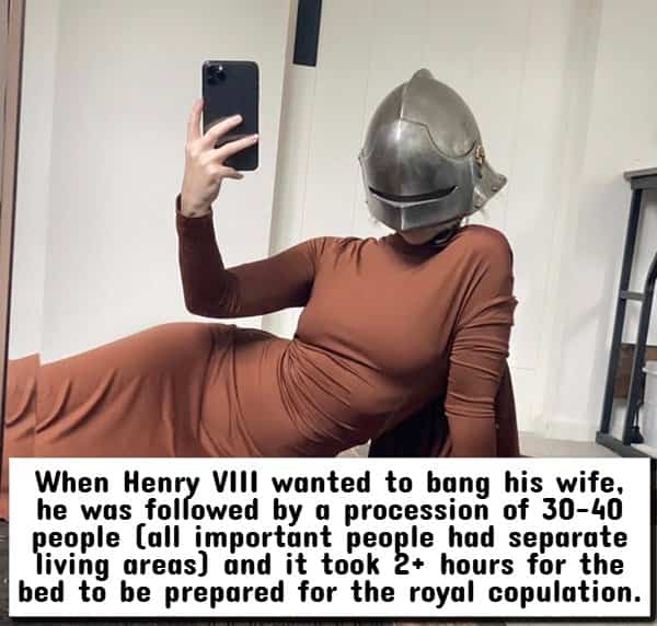 Person in brown dress wearing knight helmet lounging with text overlay detailing King Henry VIII bedroom traditions.