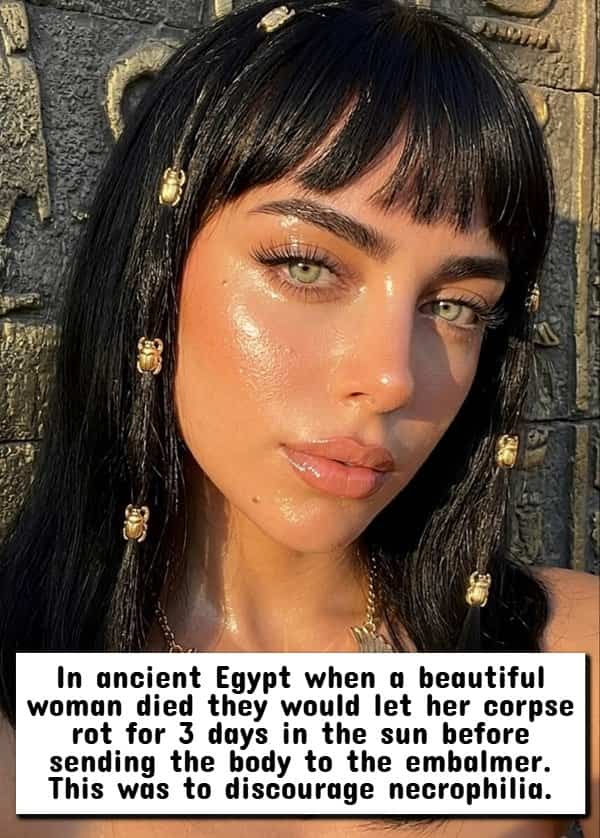 Woman with dark hair and Egyptian scarab accessories with caption about ancient Egyptian burial practices.