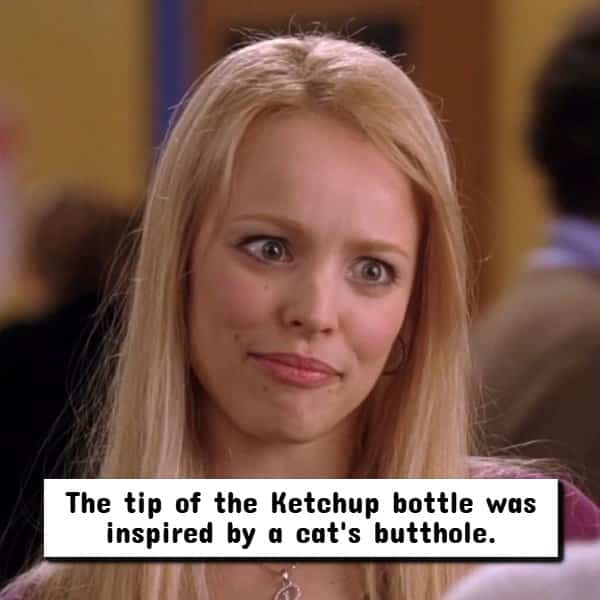 Woman making funny facial expression with text overlay claiming ketchup bottle tips were inspired by cats.