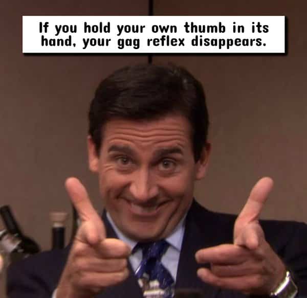 Michael Scott finger guns meme template paired with text about suppressing the human gag reflex trick.