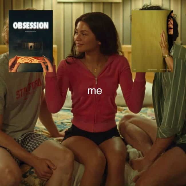 Meme template featuring Zendaya torn between psychological drama options in dark Obsession memes.
