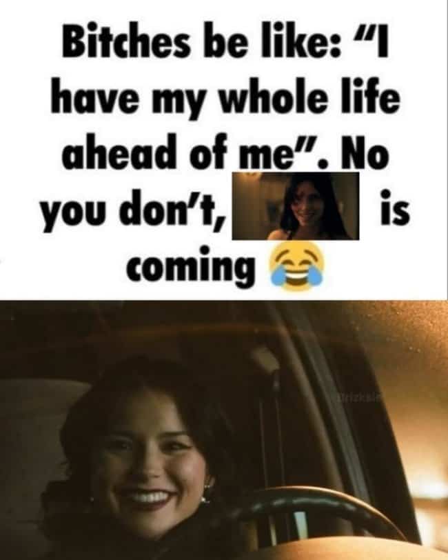 Text meme featuring a smiling woman driving a car in chaotic thriller Obsession memes.