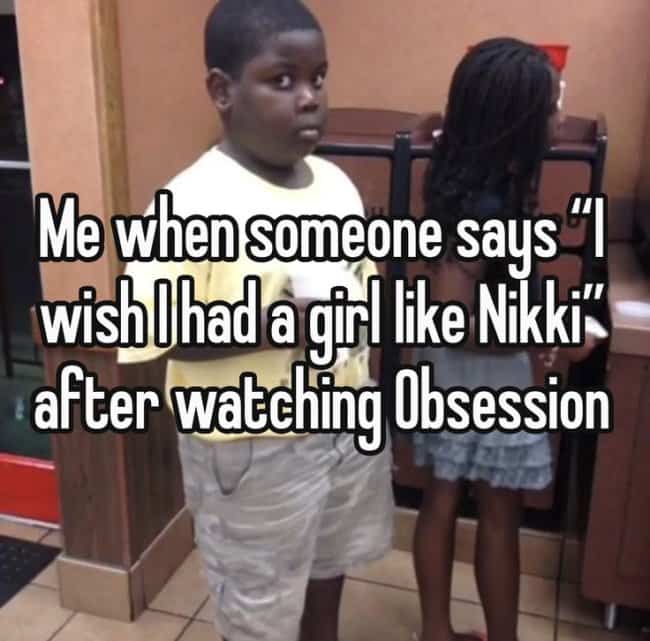 Side-eye reaction meme questioning viewers who romanticize unhinged thriller characters in Obsession memes.