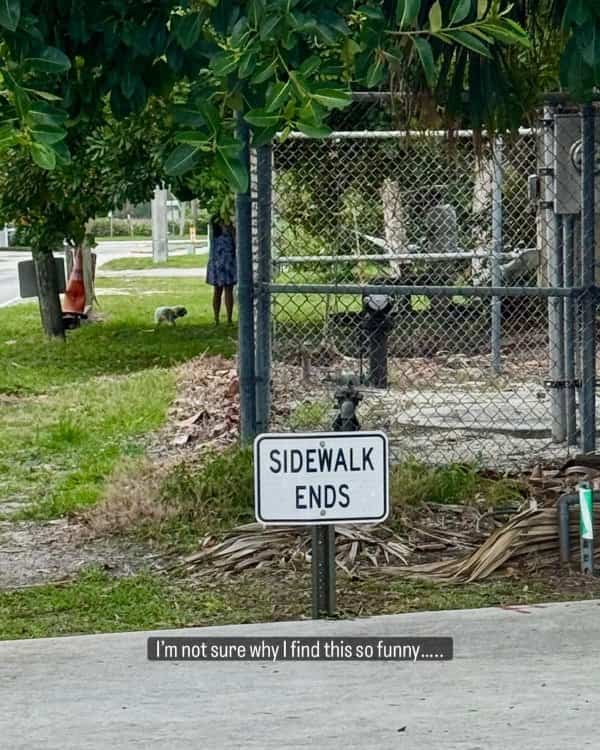 Street sign stating sidewalk ends positioned exactly where the concrete sidewalk actually terminates.