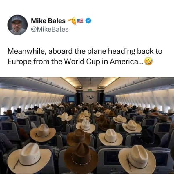 Airplane cabin filled with passengers wearing matching cowboy hats after visiting America meme
