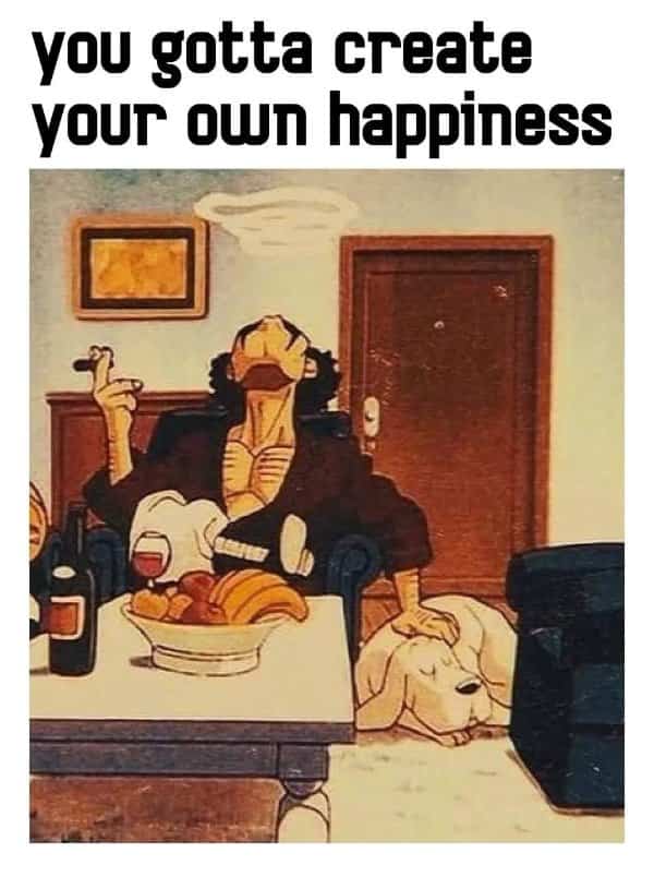 Anime illustration of a relaxed man reclining with wine, dog, and self happiness meme.