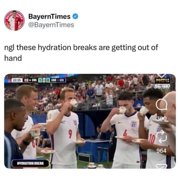 English soccer players drinking tea from teacups during a match hydration break meme.