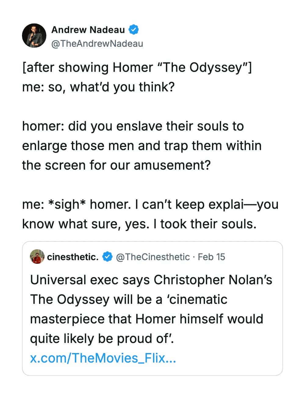 Tweet discussing Homer reacting to Christopher Nolan directing a cinematic movie adaptation of The Odyssey.