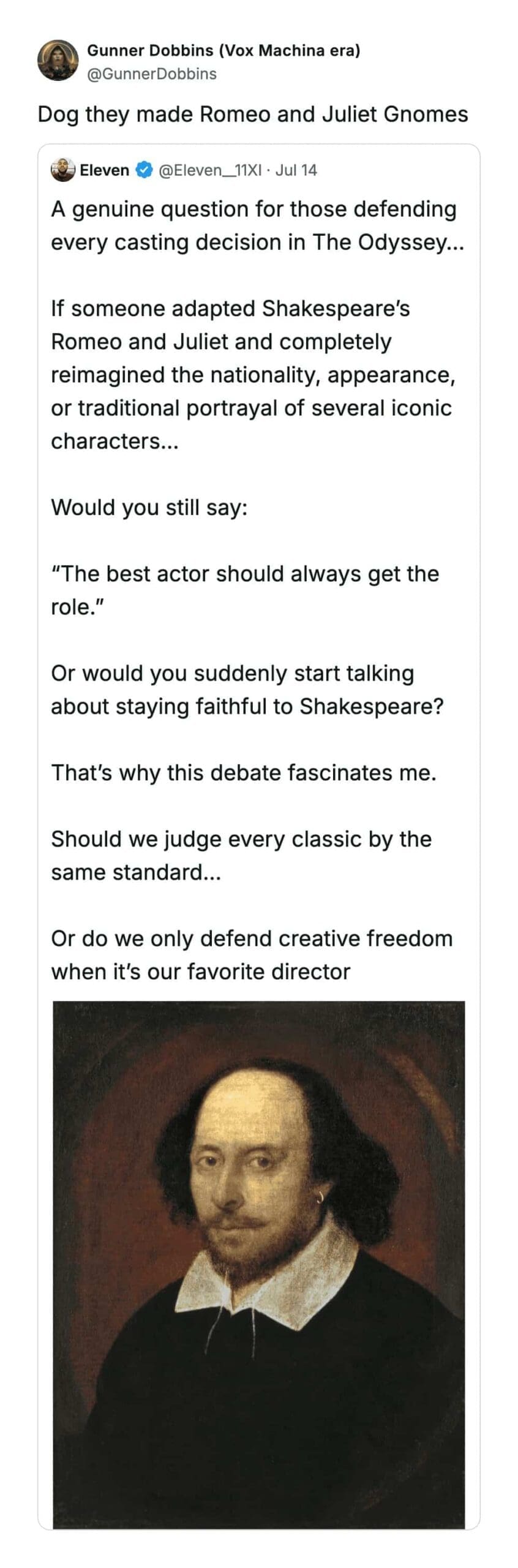 Tweet featuring portrait of William Shakespeare debating casting choices and creative freedom in movie adaptations.