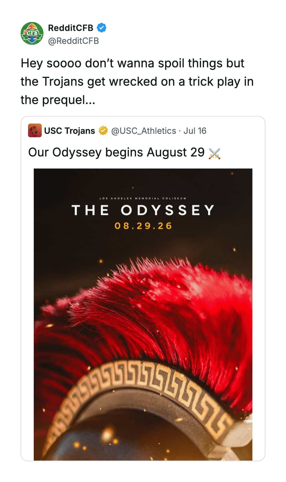 Trojan helmet promotional football poster with a tweet mocking Trojan historical defeat in epic prequels.