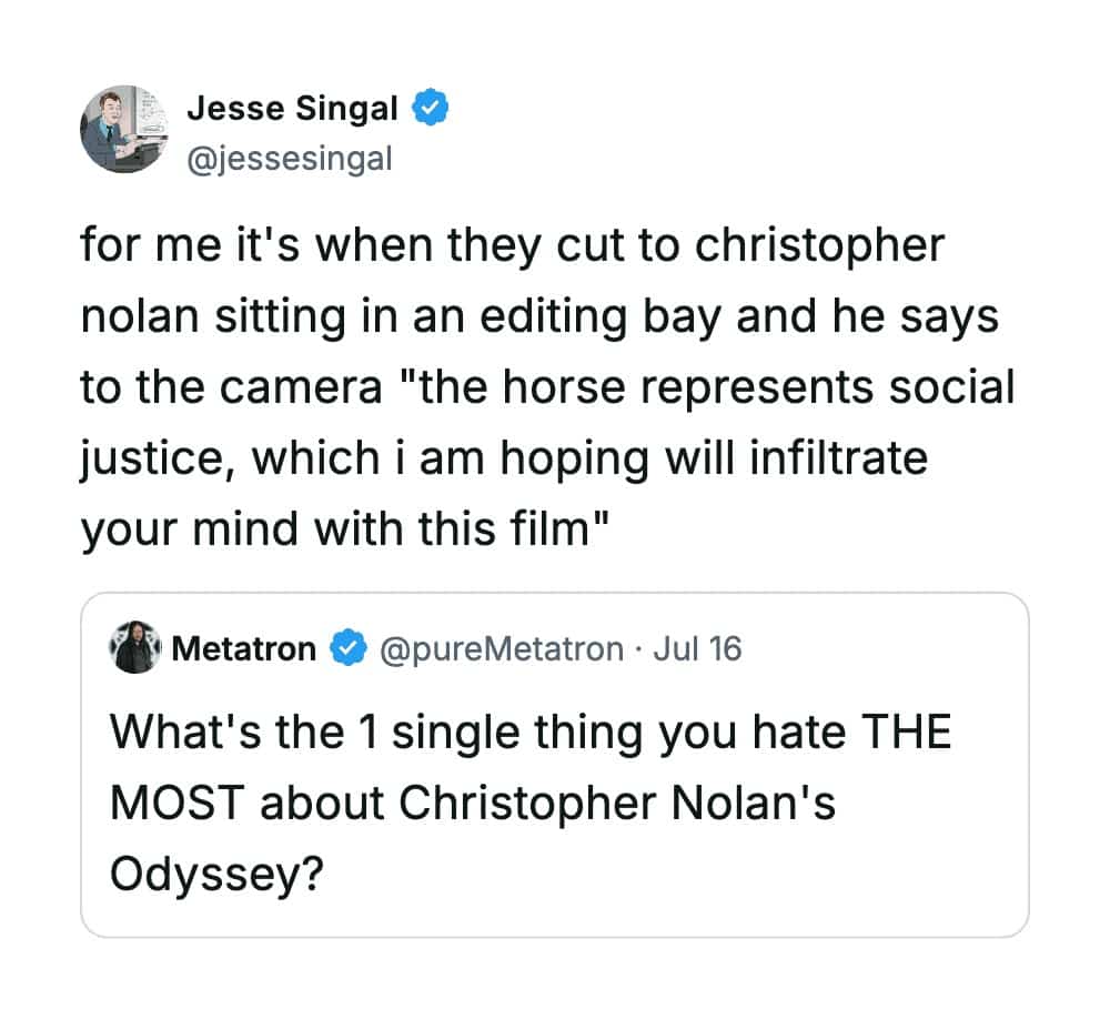 Tweet joking about Christopher Nolan explaining allegorical social justice metaphors inside the Trojan Horse film