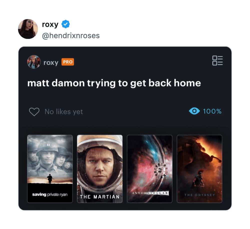 Movie list meme pointing out Matt Damon constantly needing rescue across various famous feature films.