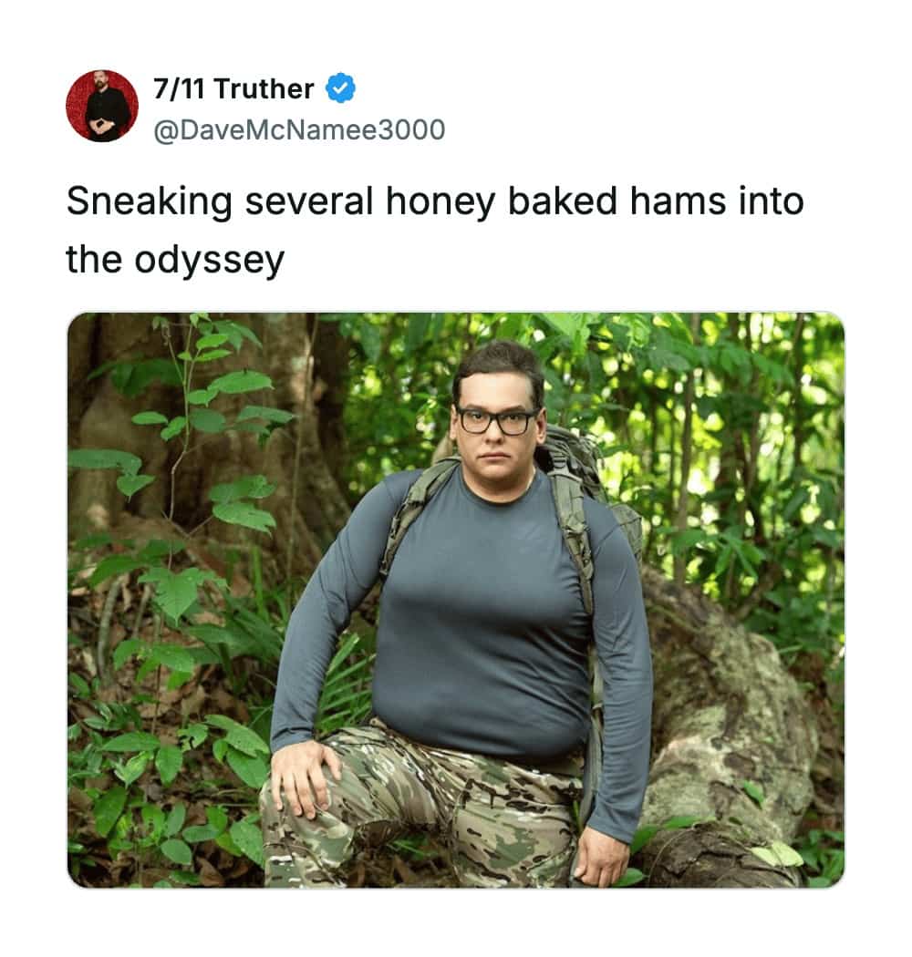 Former politician George Santos posed in jungle gear with a caption about sneaking food into movies.