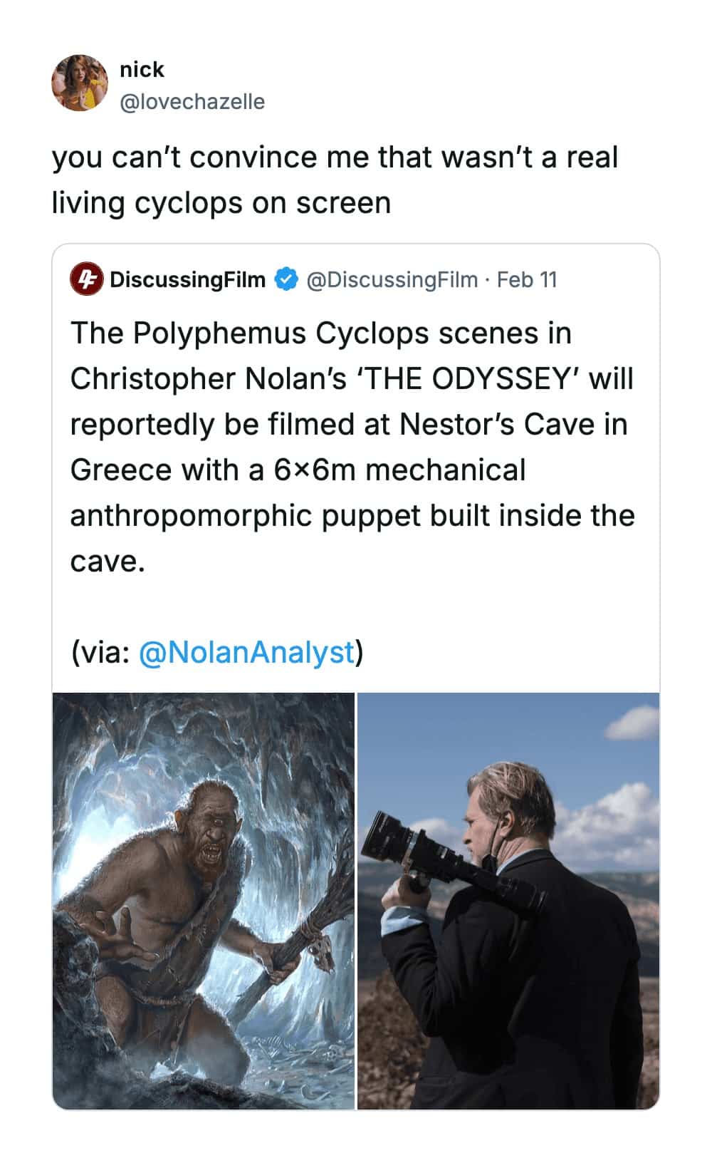 News post about mechanical Cyclops puppet for The Odyssey alongside director Christopher Nolan with camera.