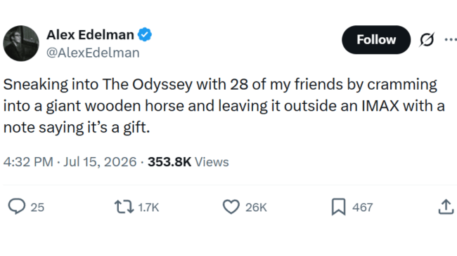 Tragicomic tweet about sneakily entering a movie theater inside a Trojan horse for the Odyssey.