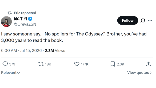 Funny tweet mocking people who complain about spoilers for the ancient epic, the Odyssey.